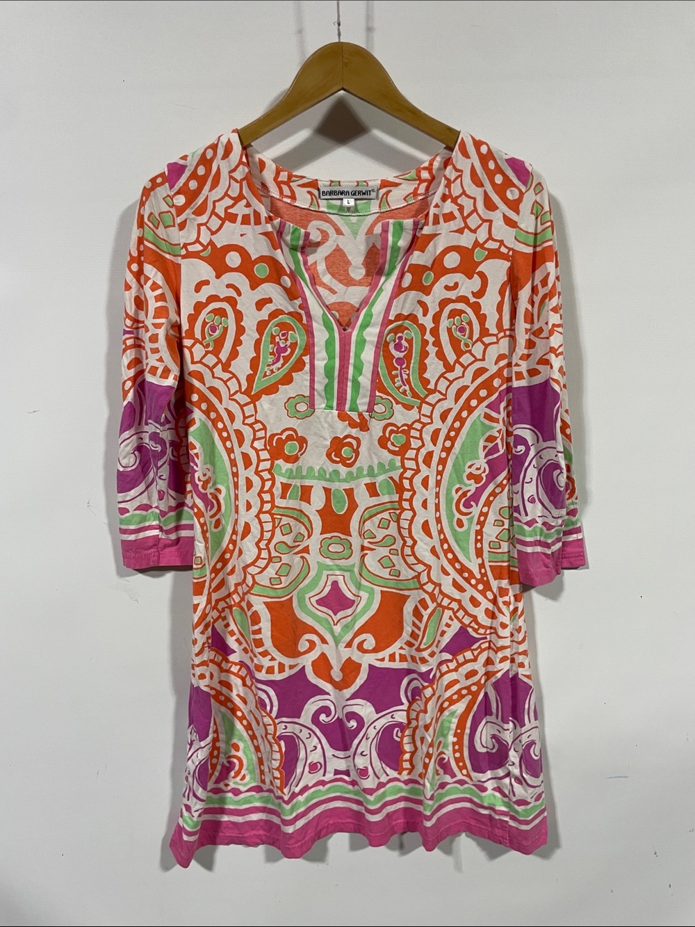 Vintage Barbara Gerwit Printed Paisley Mini Dress in Orange, Pink & Green